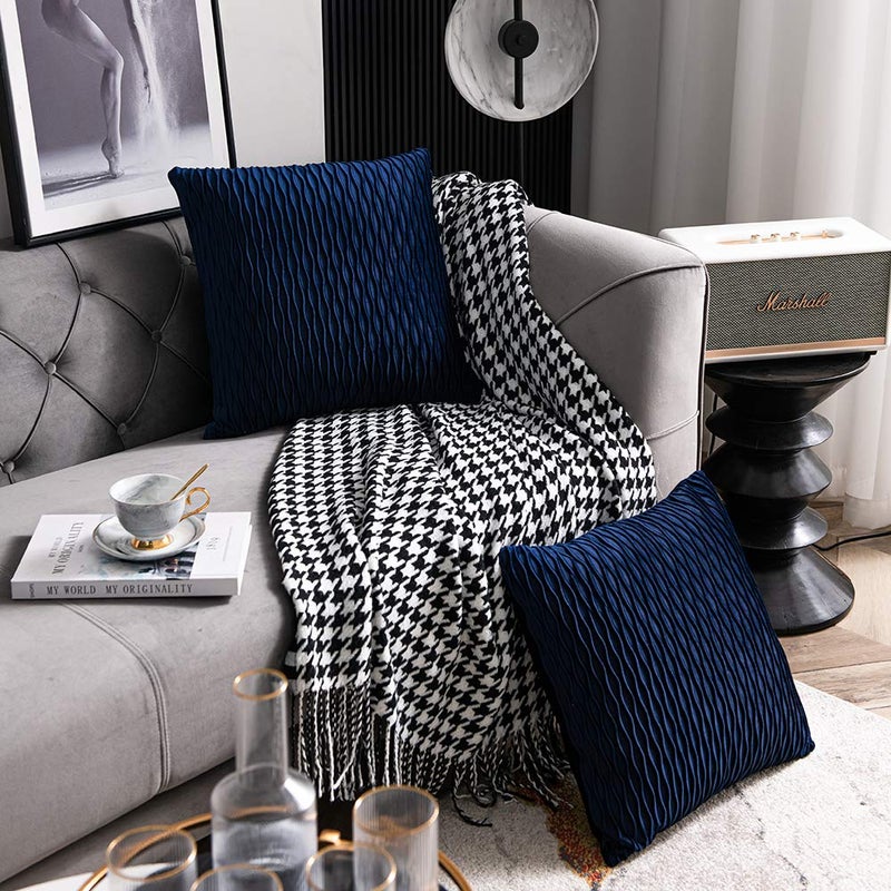 DEZENE Navy Striped Couch Pillow Cases: 2 Pack 20x20 Inch Original Velvet Square Throw Pillow Covers for Farmhouse Home Decor - Image 3